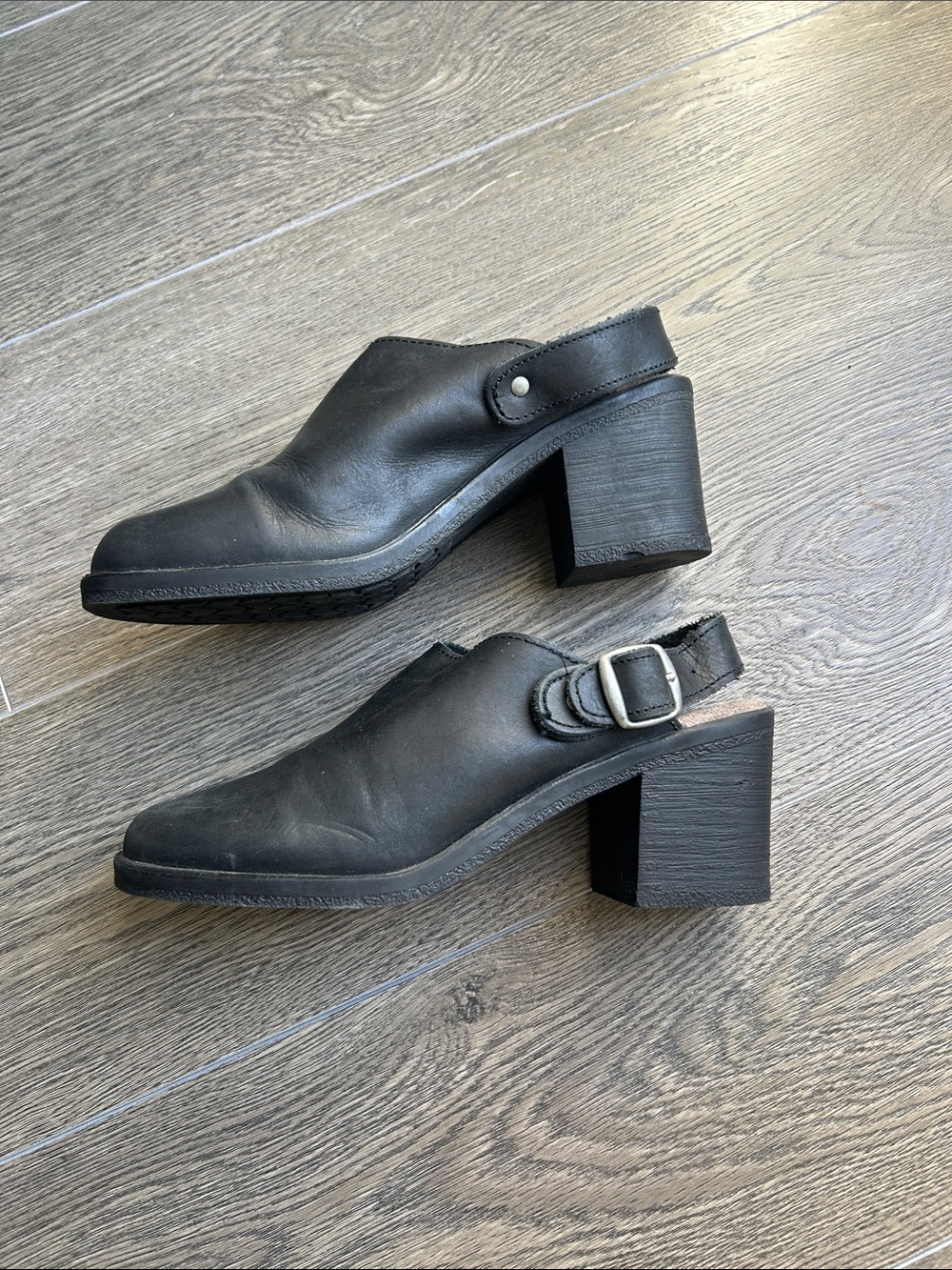 Detour Square Toe Leather Slingback Mules Chunky Block Heel 7.5-8